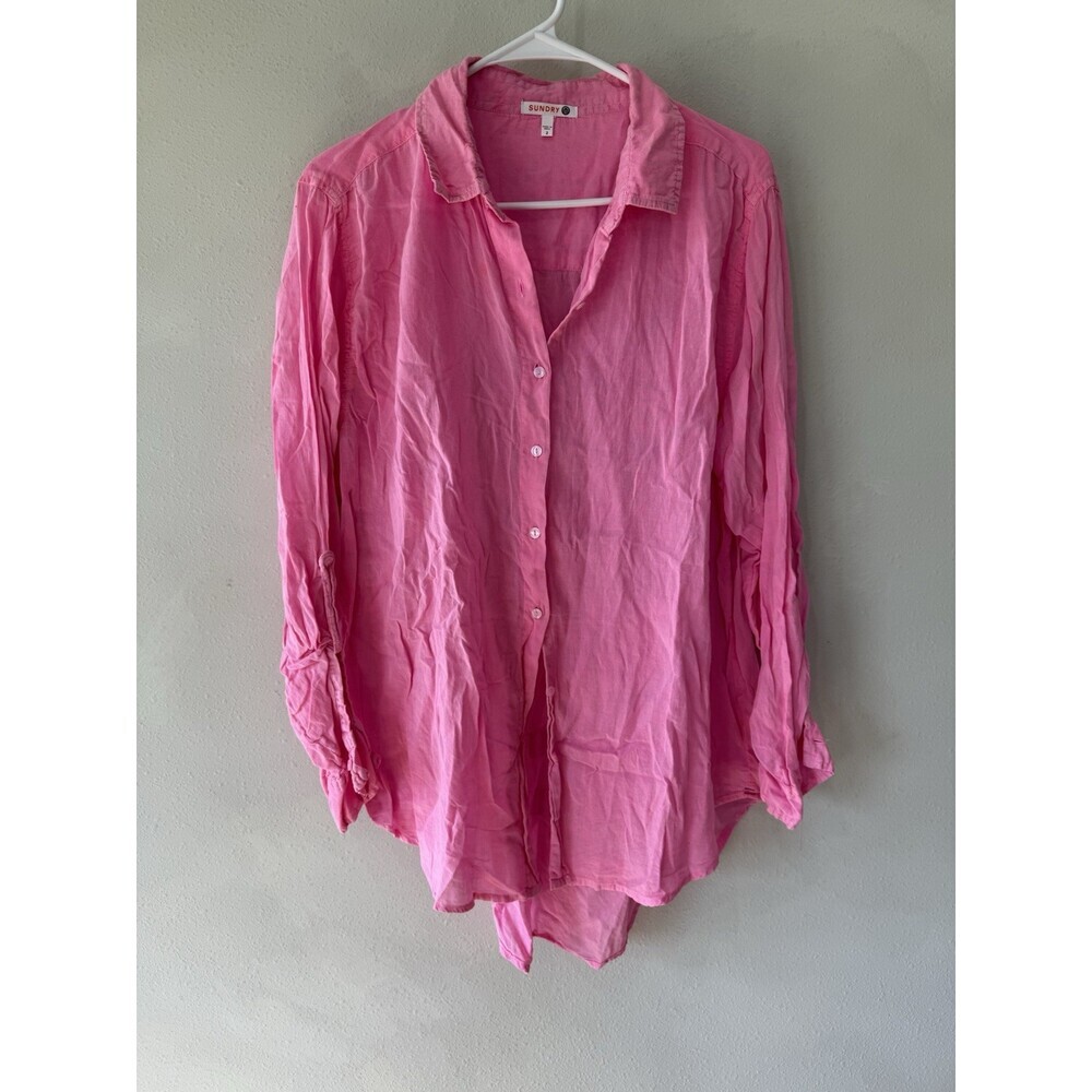 Sundry Women Collared Shirt Long Sleeve Button Up Blouse Pink Cotton 2 Large